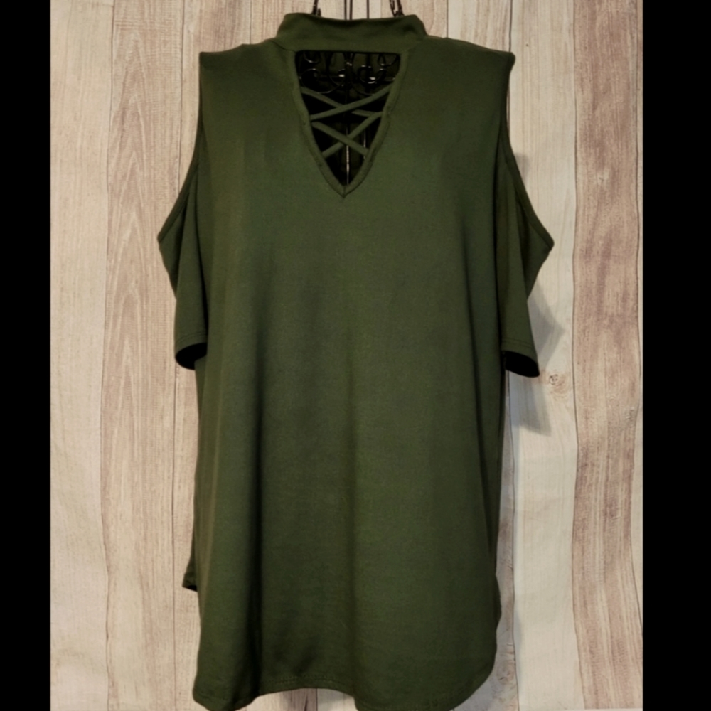 Cold Shoulder Moss-Green Short Sleeve Top